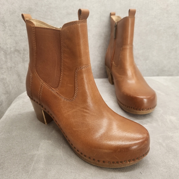 Dansko Ankle Boots 8 Tan Leather Shayna Clogs Scandinavian Boho Chunky New $190 - Picture 1 of 17